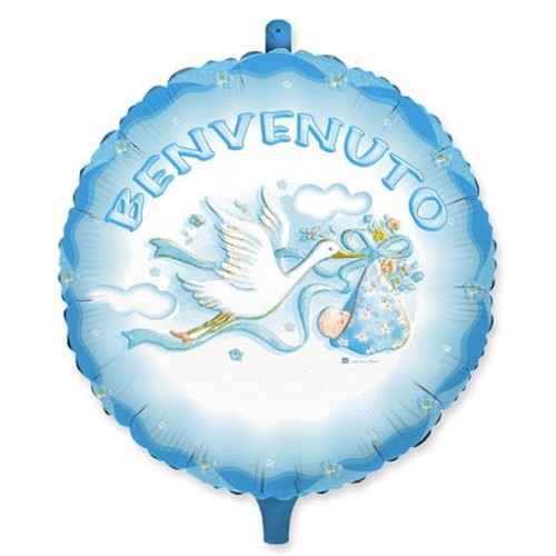 Palloncino mylar 18" Cm. 45 - Benvenuto - Cicogna celeste