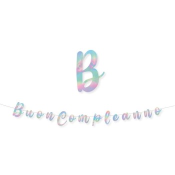 Festone scritta Italic Buon Compleanno iridescente