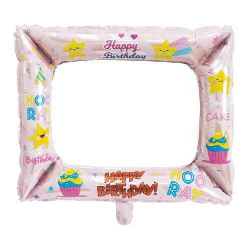 Palloncino mylar Cornice Selfie Happy Birthday Rosa Cm. 50x59