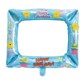 Palloncino mylar Cornice Selfie Happy Birthday Celeste Cm. 50x59