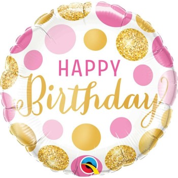 Palloncino mylar 18" Cm. 45 - Happy Birthday Pink&Gold Dots Qualatex