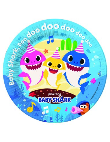 Piatti carta tondi Cm. 18 Baby Shark - Confezione 8 pezzi