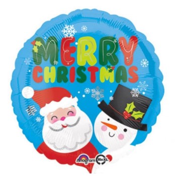 Palloncino mylar rotondo natalizio 18" Cm. 45 - Merry Christmas Babbo Natale e pupazzo di neve