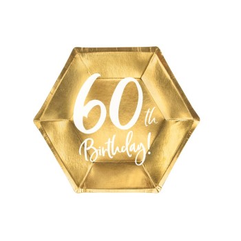 Piatti carta esagonali cm. 20 - Happy Birthday Gold 60th - Confezione 6 pezzi