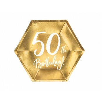 Piatti carta esagonali cm. 20 - Happy Birthday Gold 50th - Confezione 6 pezzi