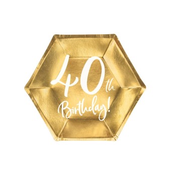 Piatti carta esagonali cm. 20 - Happy Birthday Gold 40th - Confezione 6 pezzi