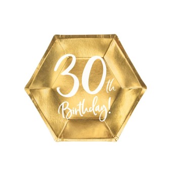 Piatti carta esagonali cm. 20 - Happy Birthday Gold 30th - Confezione 6 pezzi
