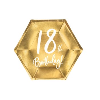 Piatti carta esagonali cm. 20 - Happy Birthday Gold 18th - Confezione 6 pezzi