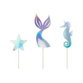Cake topper Mermaid iridescente Cm. 24x5 - Blister 3 pezzi assortiti