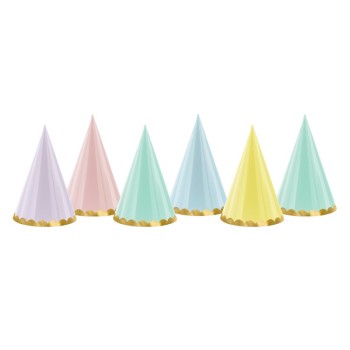 Cappellini cono colori pastello bordo oro Cm. 16 - Blister 6 pezzi