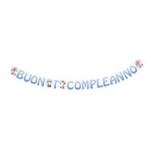 Festone scritta Buon 1° Compleanno celeste Cm. 400x22