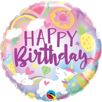 Palloncino mylar 18" Cm. 45 Qualatex - Happy Birthday Unicorno