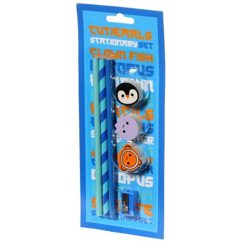 Blister scuola 7 pezzi Animali marini (3 matite + 3 gommine + temperino)