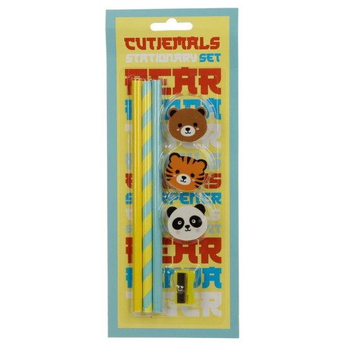 Blister scuola 7 pezzi Animali dolci (3 matite + 3 gommine + temperino)