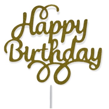 Topper per torta "Happy Birthday" glitterato Cm. 12x16 - Gold