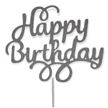 Topper per torta "Happy Birthday" glitterato Cm. 12x16 - Silver