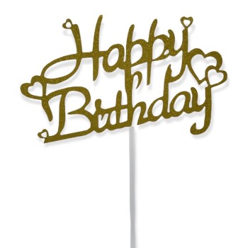 Topper per torta "Happy Birthday" glitterato Cm. 12x9 - Gold