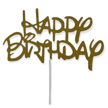 Topper per torta "Happy Birthday" glitterato Cm. 14x8 - Gold