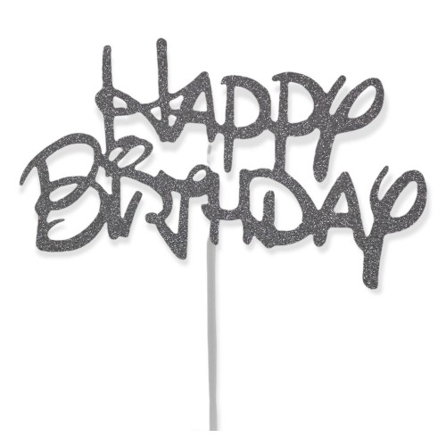 Topper per torta "Happy Birthday" glitterato Cm. 14x8 - Silver