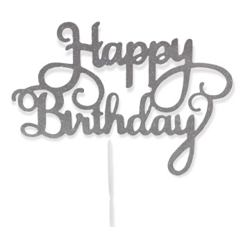Topper per torta "Happy Birthday" glitterato Cm. 13,5x10 - Silver