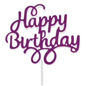 Topper per torta "Happy Birthday" glitterato Cm. 13,5x10 - Pink