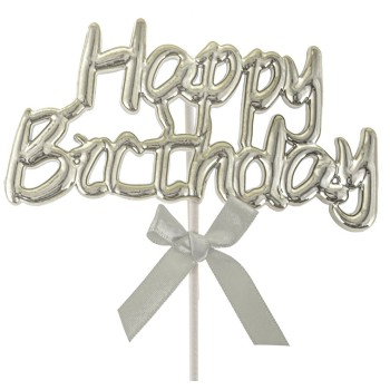 Topper per torta scritta "Happy Birthday" Cm. 20 - Silver