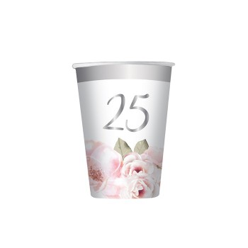 Bicchieri carta cc. 200 "25° Anniversario" Floral - Confezione 8 pezzi
