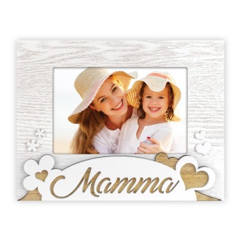 Portafoto in legno con scritta traforata "Mamma" - Foto Cm. 10x15