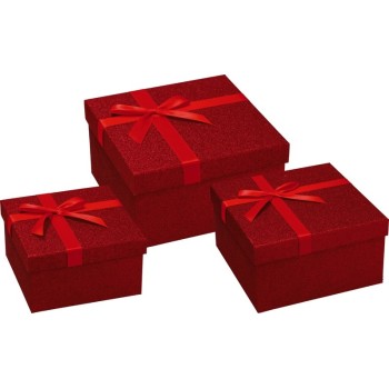 Set 3 scatole quadrate con nastro - Cm. 22x22x12 - 19x19x11 - 16x16x10 - Rosso