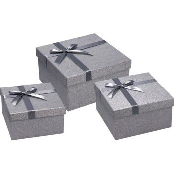 Set 3 scatole quadrate con nastro - Cm. 22x22x12 - 19x19x11 - 16x16x10 - Silver
