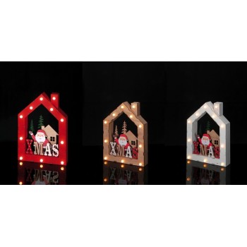 Decorazione in legno casetta con 11 Led Cm. 30x29 - Colori assortiti