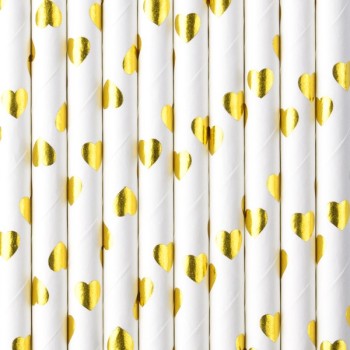Cannucce carta con cuori Oro Gold - Blister 10 pezzi
