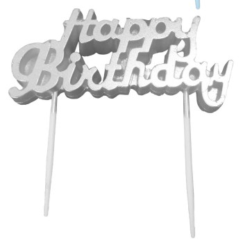 Candelina per torta scritta Happy Birthday 3D - Argento Silver