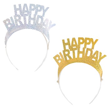 Cerchietto con scritta Happy Birthday Gold e Silver - Blister 2 pezzi