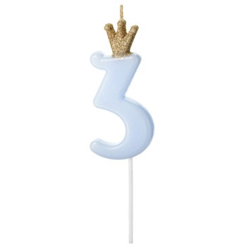 Candelina per torta numero con corona cm. 9,5 - Light Blue - Nr. 3