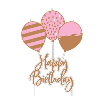 Candelina per torta Pick Rosa Gold Happy Birthday con palloncini