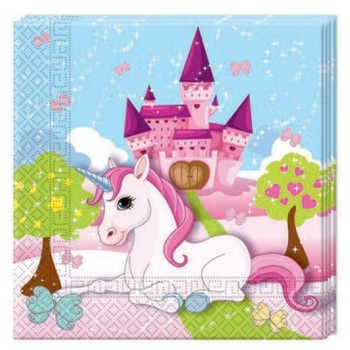 Tovaglioli carta Cm. 33x33 Unicorno Castello incantato - Confezione 20 pezzi