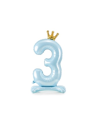 Palloncino mylar standing Cm. 84 - Numero 3 con corona Sky-Blue