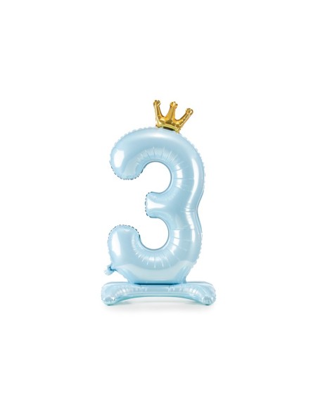 Palloncino mylar standing Cm. 84 - Numero 3 con corona Sky-Blue