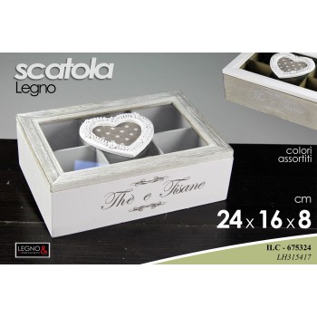 Scatola porta the in legno con cuore Cm. 23x15x7