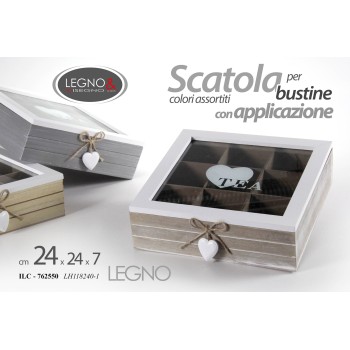 Scatola porta the in legno 9 scomparti con cuore applicato Cm. 24x24x7