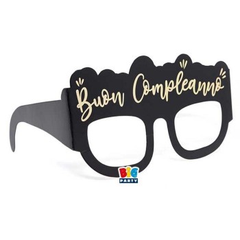 Set 6 occhialini in carta - Buon Compleanno nero con stampa oro