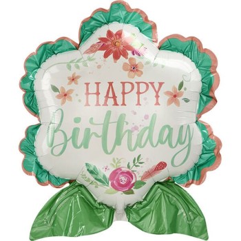 Palloncino mylar supershape Happy Birthday fiore con fiori Cm. 68x63