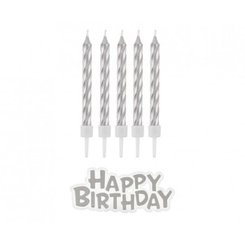 Candeline per torte torciglione silver metallizzate con scritta Happy Birthday - Blister 16 pezzi