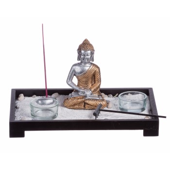 Giardino zen rettangolare con statuina Buddha Cm. 26x15x14