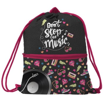 Sacca nylon con laccetti e tasca Cm. 44x33 - Don't stop the music