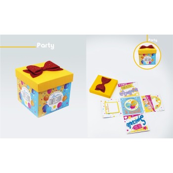 Scatola sorpresa Skatush Box Cm. 11x11x11 con fiocco glitter - Buon Compleanno