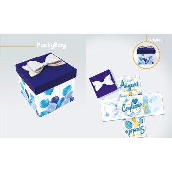 Scatola sorpresa Skatush Box Cm. 11x11x11 con fiocco glitter - Buon Compleanno Boy
