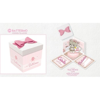 Scatola sorpresa Skatush Box Cm. 11x11x11 con fiocco glitter - Battesimo Girl