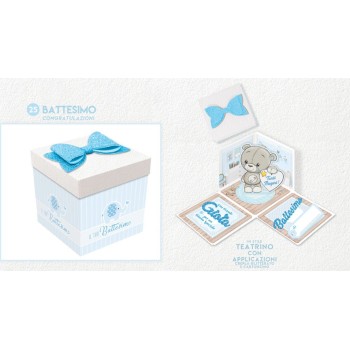 Scatola sorpresa Skatush Box Cm. 11x11x11 con fiocco glitter - Battesimo Boy